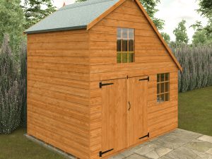 The Front Of The 6x8 Club Garage Wooden Playhouse With Main Door Closed