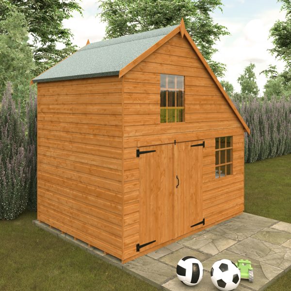 The Front Of The 6x8 Club Garage Wooden Playhouse With Main Door Closed