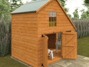 The Front Of The 6x8 Club Garage Wooden Playhouse With Doors Open