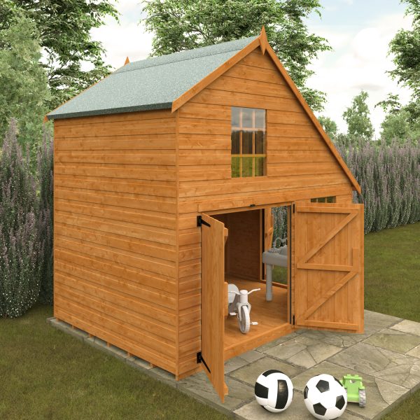 The Front Of The 6x8 Club Garage Wooden Playhouse With Doors Open