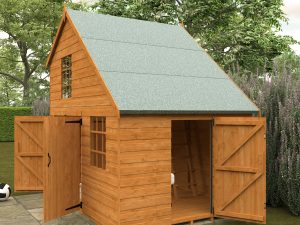 The Right Side Of The 6x8 Club Garage Wooden Playhouse With Doors Open