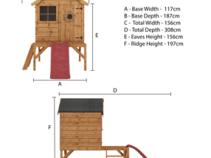 Dimensions of the Funplay4U 4x4 Snug Playhouse with Tower & Slide