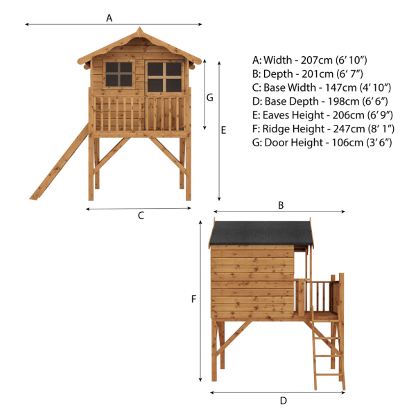 Dimensions of the Funplay4U 5x5 Poppy Wooden Playhouse with Tower